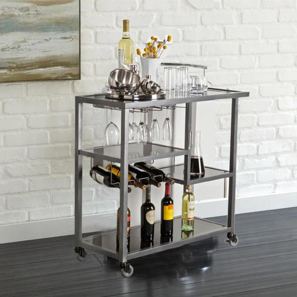 Contemporary Style Metal Bar Cart With Tempered Glass Shelves in Gunmetal Gray