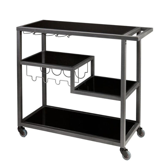 Contemporary Style Metal Bar Cart With Tempered Glass Shelves in Gunmetal Gray