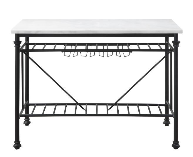 Mera White Marble Industrial Grey Metal Finish Kitchen Island