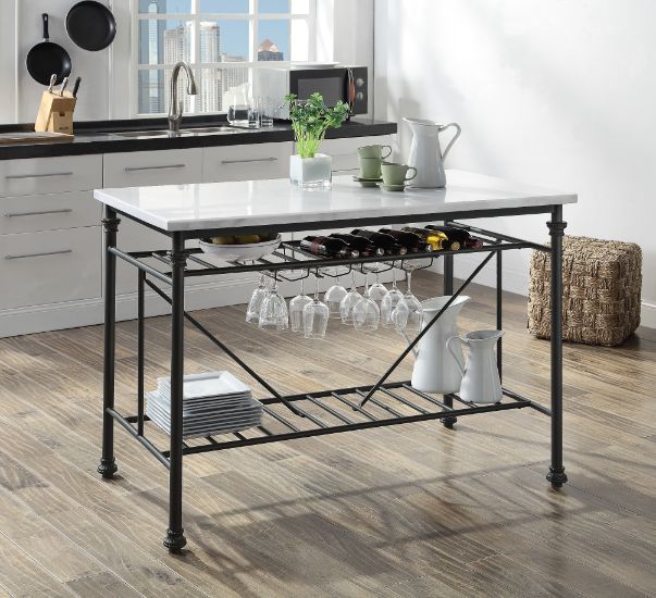 Mera White Marble Industrial Grey Metal Finish Kitchen Island