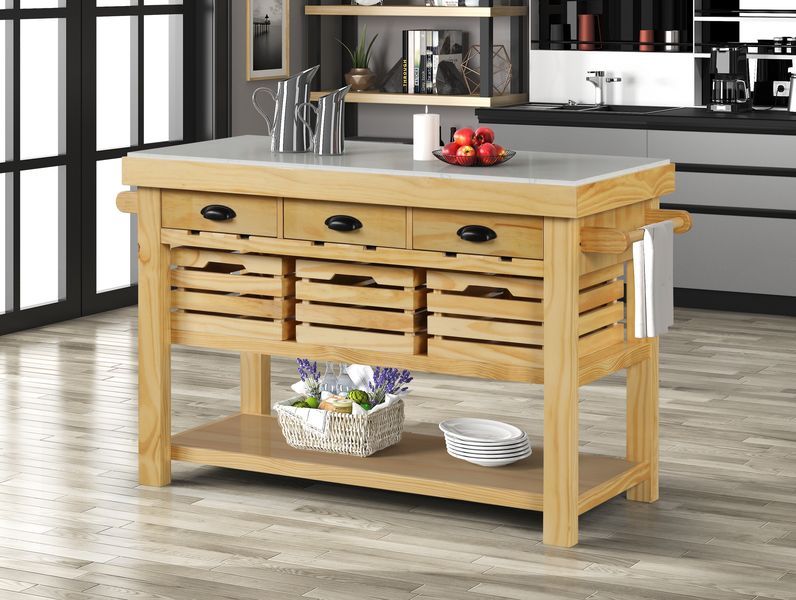 Grovaam Grey Marble and Pine Wood Kitchen Island