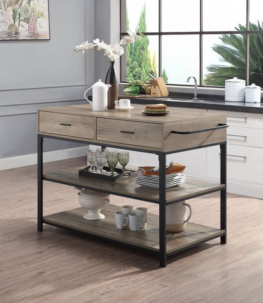 Macaria Rustic Oak and Black Finish Kitchen Island